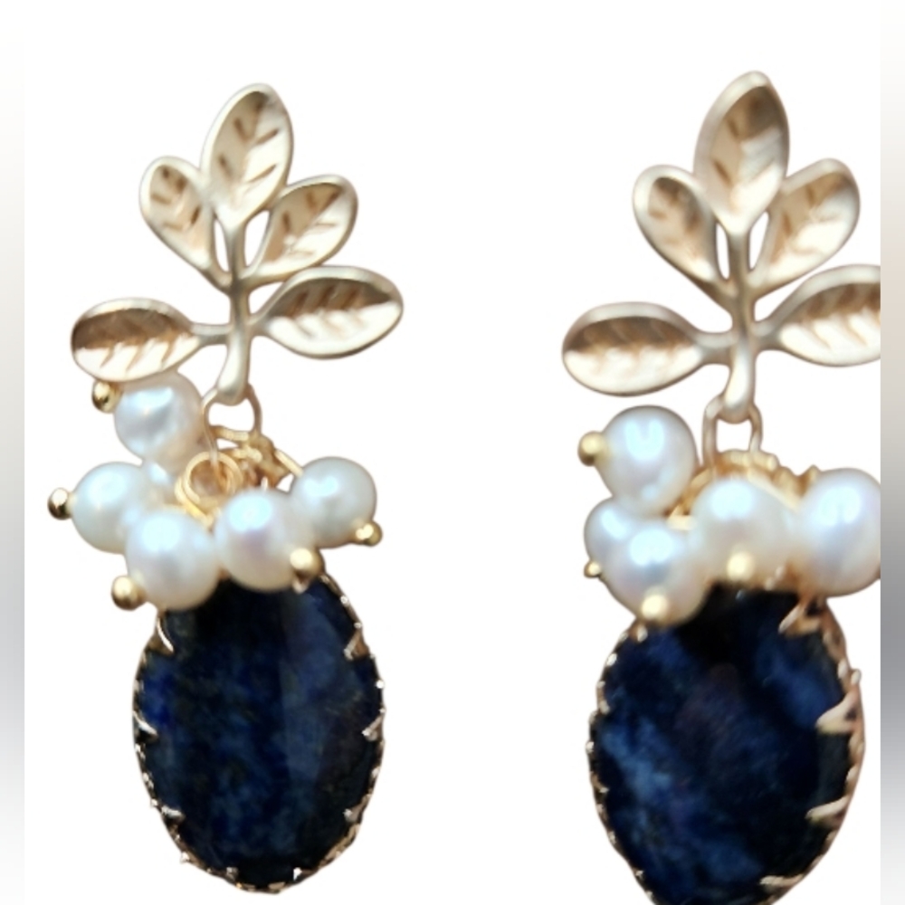 Stylish Fresh Water Pearl & Sodalite Gold Teardrop Earrings - Picture 2 of 5